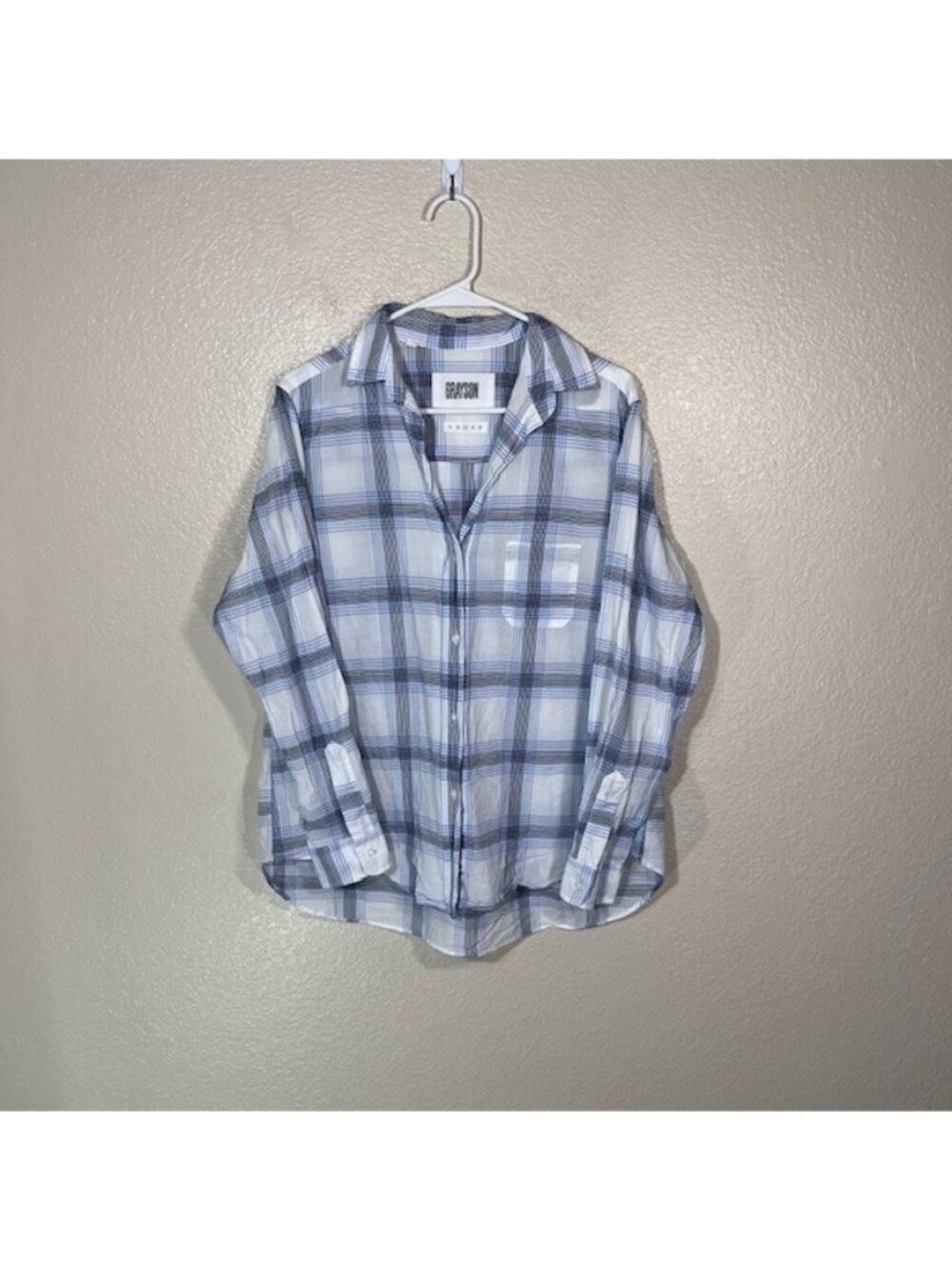 Grayson Shirt Womens 03 Large Button Top White Blue Black Plaid Long Sleeve